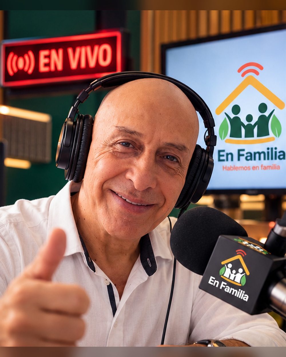 Juan Carlos Rodríguez Guerrero sonríe frente al micrófono de En Familia, en vivo