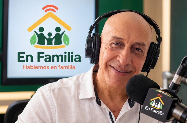 Juan Carlos con audífonos en el estudio de radio